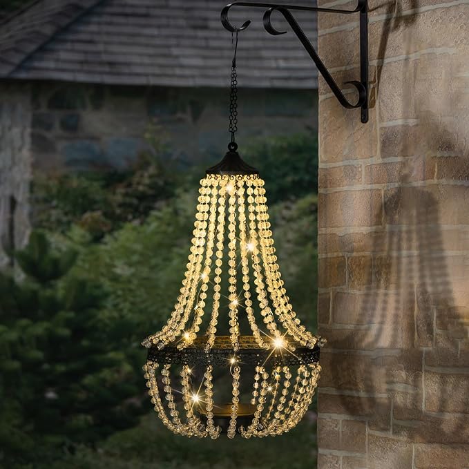 Hanging Solar Lantern Outdoor, 28” Modern Clear Crystal Acrylic Chandelier with 30 Warm White Lights S Hook for Garden, Yard, Patio, Gazebo Decorations