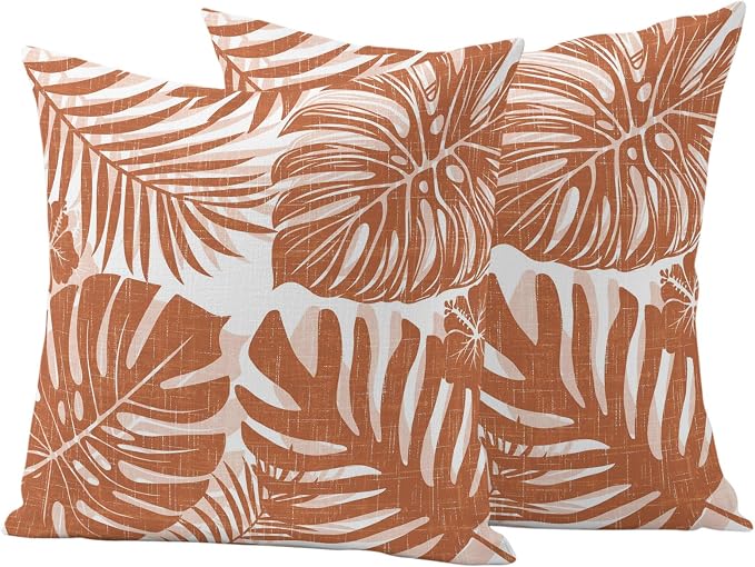 Burnt Orange Palm Leaves Outdoor Pillow Covers 16"x16" Set of 2, Tropical Botanical Minimalist Modern Waterproof Throw Pillow Covers for Patio Furniture, Decorative Cushion Covers for Porch