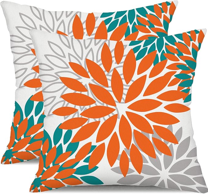 DFXSZ Outdoor Waterproof Pillow Covers 16x16 Set of 2 Orange Grey Flower | Spring Summer Waterproof Flower Throw Pillowcases（No Inserts）Outdoor Decor for Fall Patio Funiture Garden Polyester Covers