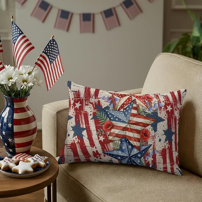 Independence Day Outdoor Pillow Covers 20"x12" Set of 2, Retro American Flag Star Red Flower Abstract Country Waterproof Throw Pillow Covers for Patio Furniture, Decorative Cushion Covers for Porch