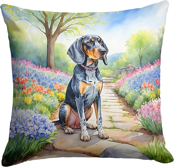 Caroline's Treasures Bluetick Coonhound Spring Path Throw Pillow Machine Washable, Indoor Outdoor Decorative Pillow for Couch, Bed or Patio, 14Hx14W