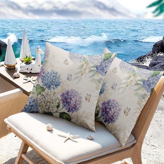 Throw Pillow Covers, Hydrangea, Waterproof, Set of 2, 18 x 18 Inch | Butterfly Outdoor Cottagecore Pillowcase Square Cushion Case Farmhouse Garden Decorative Pillows for Couch Beach Patio