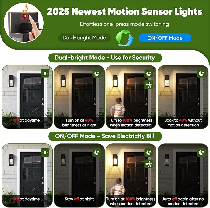 13" Upgraded Motion Sensor Outdoor Wall Light Fixture, Bronze | Auto ON/OFF, 3 Lighting Modes, Waterproof, Rust-Resistant, Durable Metal & Clear Glass, Standard E26 Sockets, Easy to Install