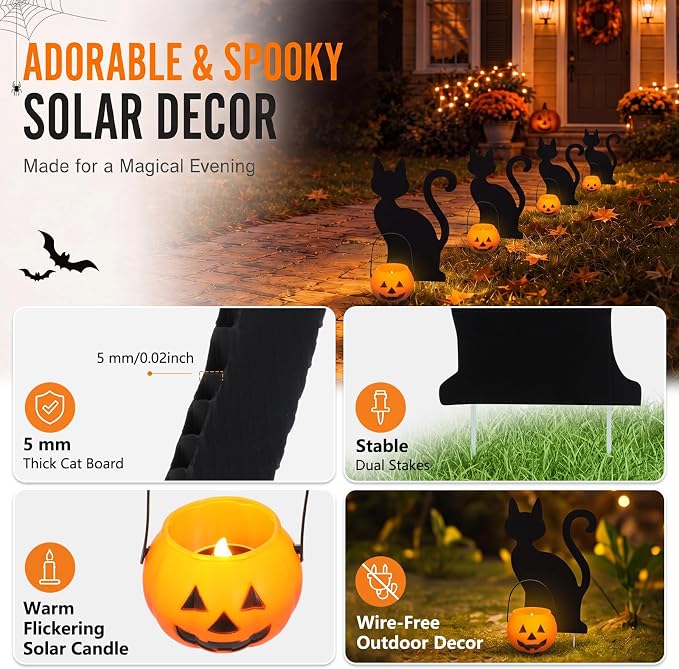 Fumete 4 Sets Halloween Decorations Outdoor Solar Pathway Lights Halloween Black Cats Yard Stakes Pumpkin Solar Candles Wire Free Garden Outdoor Lights for Yard Lawn Pathway Walkway Decorations