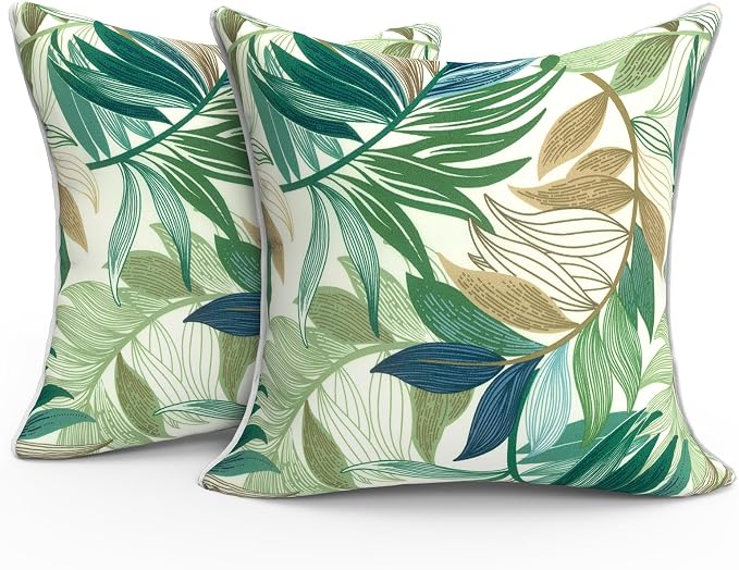 Outdoor Throw Pillow Covers Pack of 2, Decorative Water Repellent Square Pillow Cases with Piping 18x18 Inch, Lush Leaf Green