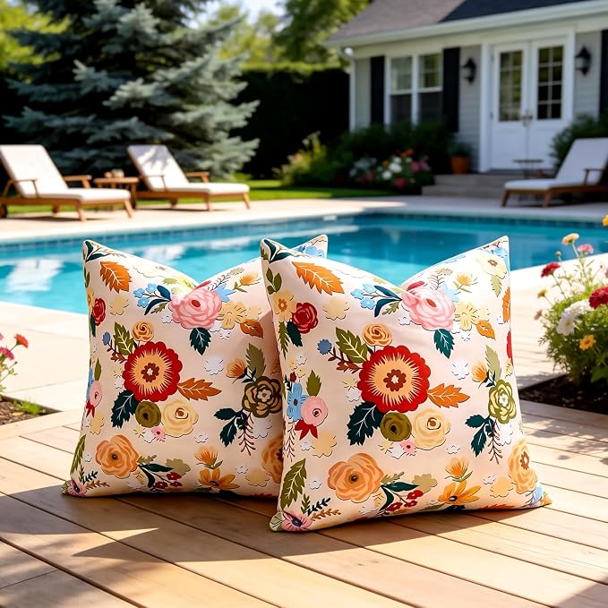 Decorative Waterproof Pillow Covers Outdoor Pillow Covers Summer Accent Beige Floral Couch Covers Square Garden Farmhouse Throw Cushion Cases 20x20 Inch Set of 2 for Patio Tent Balcony Bench Sofa
