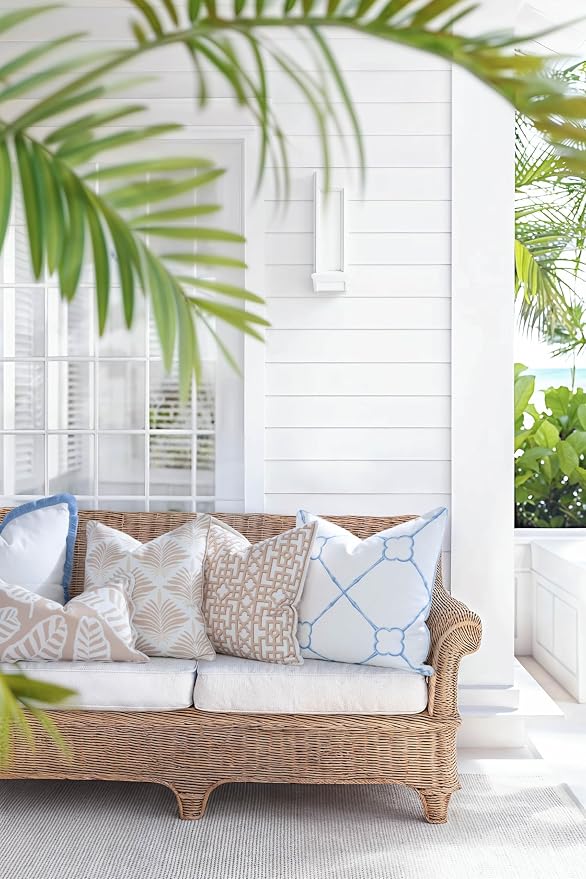 Hofdeco Premium Coastal Hampton Patio Indoor Outdoor Throw Pillow Cover Only, 20"x20" Water Repellent for Backyard, Couch, Poolside, Neutral Tan Print Fretwork Trellised Screen