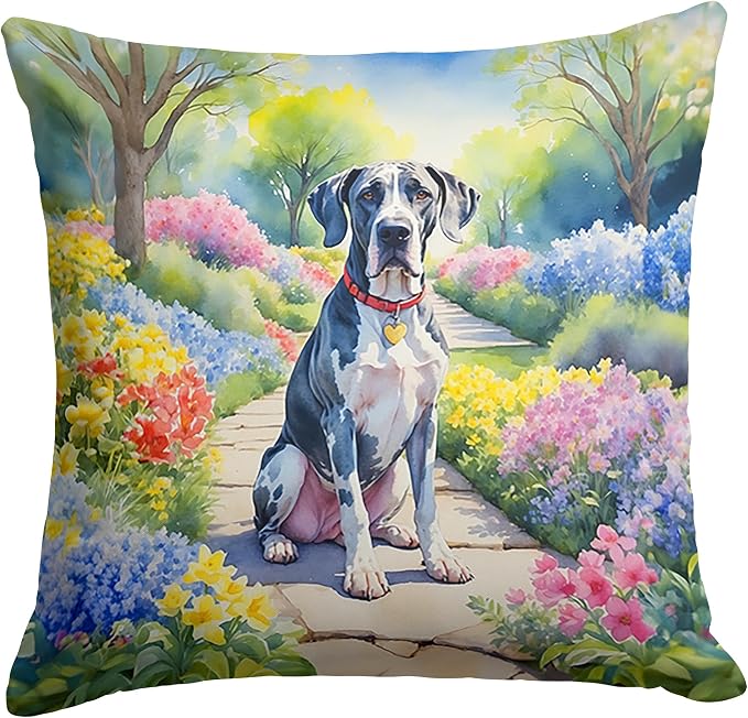 Caroline's Treasures Great Dane Spring Path Throw Pillow Machine Washable, Indoor Outdoor Decorative Pillow for Couch, Bed or Patio, 18Hx18W