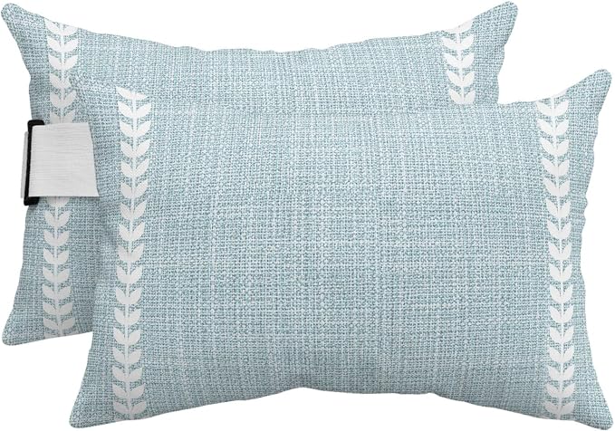 Coastal Blue Outdoor Lumbar Pillows 11x16 Set of 2, Modern Bohemia Simple Plants Lines Pattern Waterproof Throw Pillow Covers with Insert, Decorative Pillowcase Cushion for Couch Sofa Bed