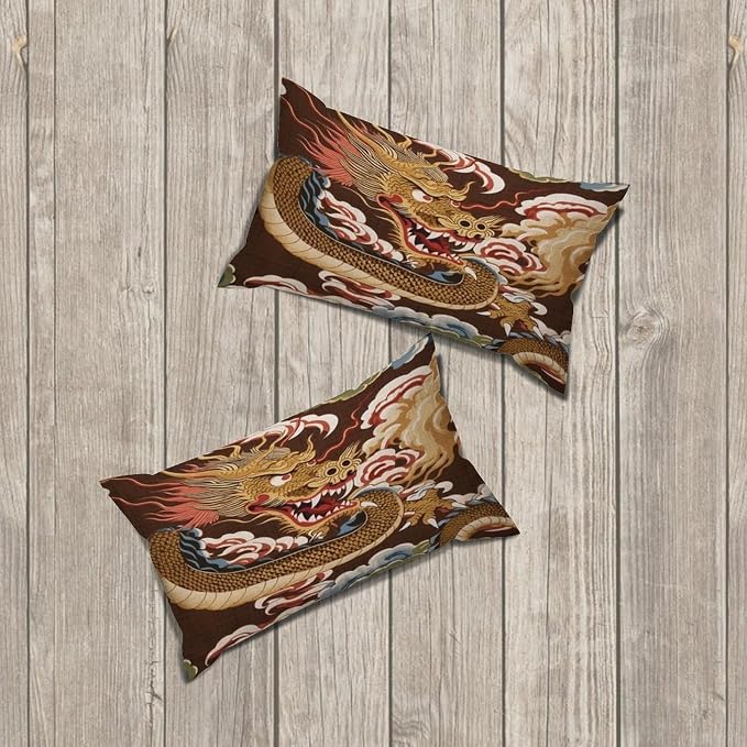 Set of 2 Chinese Oriental Style Asian Dragon Gold Cushion Cover Case with Zipper 12x20in Canvas Pillow Cover Rectangle Pillow Case for Couch Bed Car Pub Coffee Bar Living Room Decoration