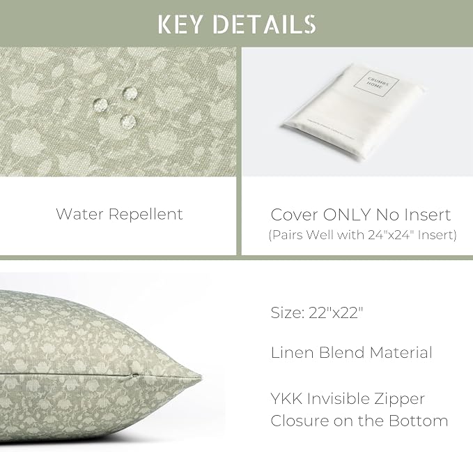 Modern Farmhouse California Casual Indoor Outdoor Throw Pillow Cover, 22"x22" Water Repellent for Patio, Backyard, Couch, Poolside, Light Green Print Botanical Flowers and Leaves