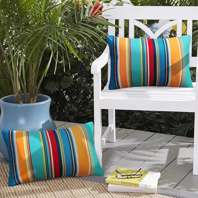Pyonic Outdoor Lumbar Pillow Covers Set of 2 Waterproof Throw Pillow Covers Decorative Patio Pillows for Patio Tent Garden Beach,12x20 Inches,Color Stripe(Blue)