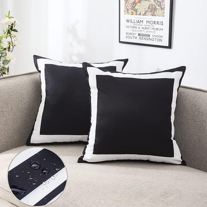 JOJOGOGO Black Outdoor Pillow Covers Waterproof 16x16 Set of 2 Black and White Square Decorative Outdoor Throw Pillows for Porch Garden and Patio Furniture