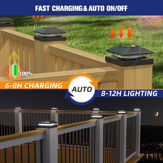 APONUO Solar Post Cap Lights for 4x4 Posts - IP64 Waterproof, 6500K LED, No-Wire Fence Lights & Deck Lights for Patio Garden Yard Patio, Black-Cool White, 12 Pack