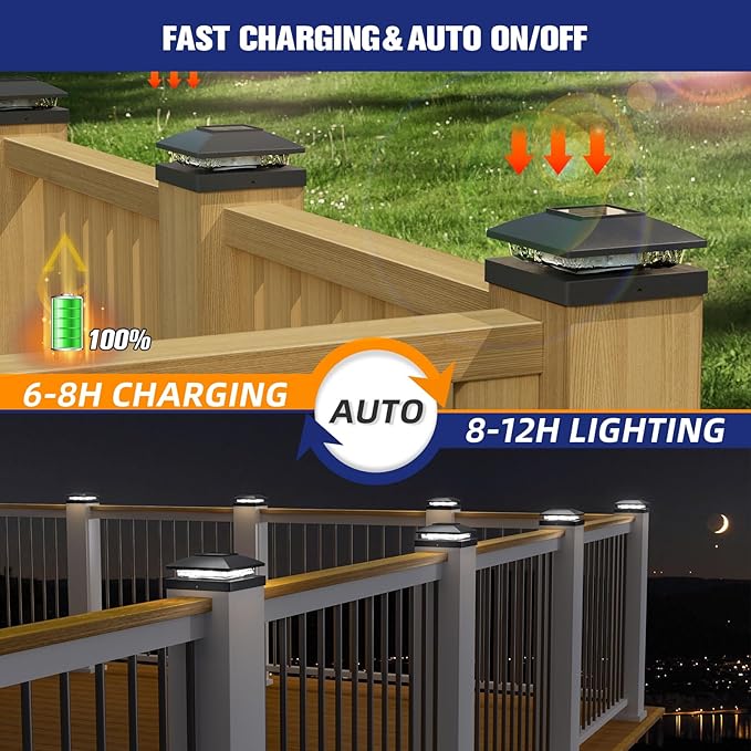 APONUO Solar Post Cap Lights for 4x4 Posts - IP64 Waterproof, 6500K LED, No-Wire Fence Lights & Deck Lights for Patio Garden Yard Patio, Black-Cool White, 6 Pack