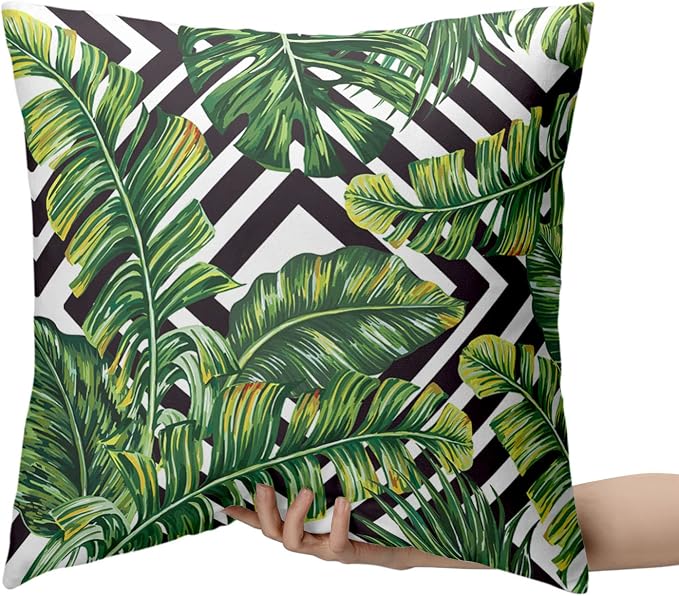Green Palm Leaves Decorative Pillow Covers Black and White Geometric Pillowcases Summer Tropical Tree Throw Pillow Covers Patio Decor for Outdoors Car Beach 16x16 Set of 2