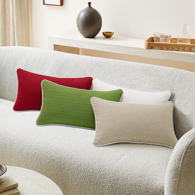 Unimatta Decorative Outdoor Water Repellent Throw Pillows with Inserts, Set of 4, 20" x12" Pillows for Patio, Backyard, Bed, Couch, and Patio Furniture, Linen