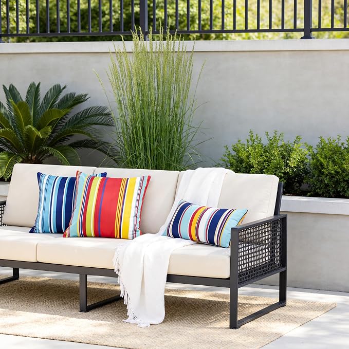 Waterproof Outdoor Pillow Covers 12x20 Inch Set of 2, Colorful Stripe Decorative Throw Pillow Cover with Piping, Modern Farmhouse Cushion Cases for Summer Patio Garden Porch Balcony Beach