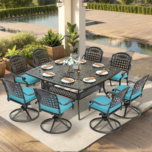 VIVIJASON 9-Piece Outdoor Dining Set, Cast Aluminum Patio Table & Chair Furniture Set for 8, Include 64" Square Dining Table, 4 Swivel Rocker Chairs, 4 Stationary Chairs, Umbrella Hole, Ocean Blue