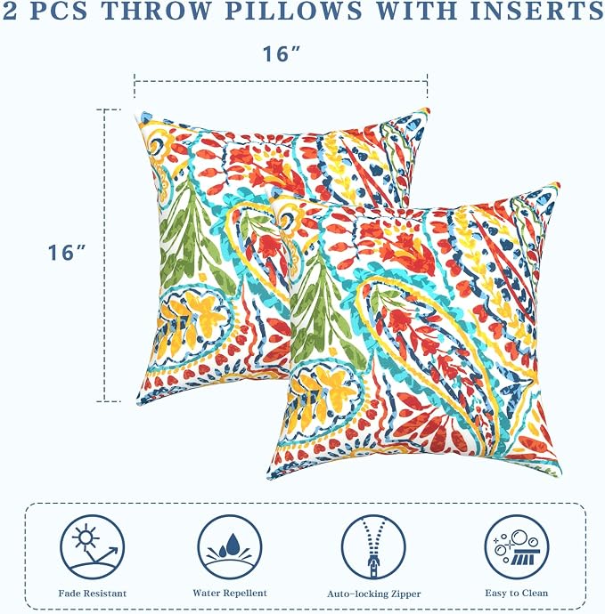 LVTXIII Outdoor Throw Pillows, Decorative Throw Pillows with Inserts, 16"x16" Square Pillows for Bed, Couch, Sofa and Patio Furniture, Set of 2, Paisley Multi