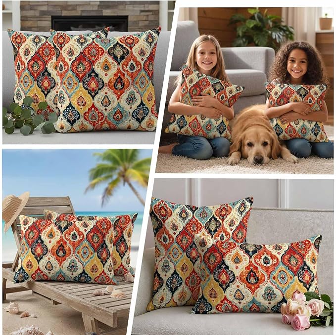 Bohemian Floral Outdoor Pillow Covers 20"x12" Set of 2, Moroccan Exotic Colored Floral Waterproof Throw Pillow Covers for Patio Furniture, Decorative Cushion Covers for Porch