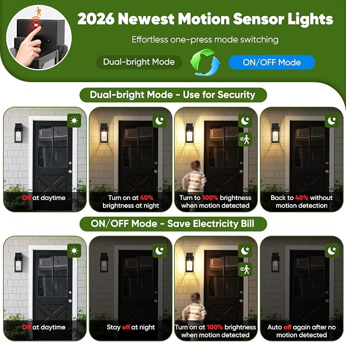 2-Pack Upgraded Motion Sensor Porch Lights with Outlet, Black | UL-listed Extra Power Socket, Auto ON/OFF, 3 Lighting Modes, Waterproof, Rust-Resistant, Durable Metal & Clear Glass
