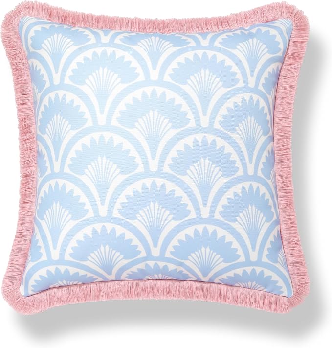 Hofdeco Premium Coastal Grandmillennial Patio Indoor Outdoor Throw Pillow Cover Only, 20"x20" Water Repellent for Backyard, Couch, Poolside, Baby Blue Pink Print Tropical Ravenala Palm Tree