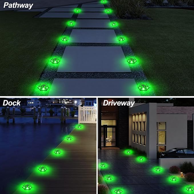 Green Solar Dock Lights Driveway Deck Lights - 12 Packs Waterproof Outdoor LED Aluminum Dock Lighting Warning Step Light for Driveway Sidewalk Garden Pathway Yard