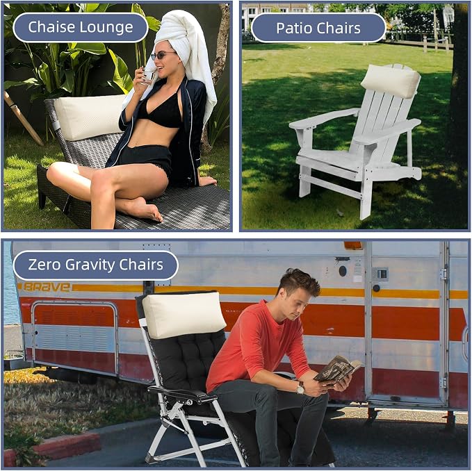 Chaise Lounge Head Pillow, 2 Pack Outdoor Lounge Chair Pillows with Adjustable Strap Longue Head Pillow Headrest Pillows for Patio Backyard Beach Pool Garden Recliner(Beige)