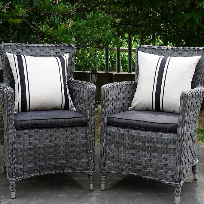 ONWAY Outdoor Pillow Covers Waterproof 18x18 Set of 2 Decorative Linen Throw Pillow Cover Beige and Black Striped Outdoor Pillows for Patio Furniture
