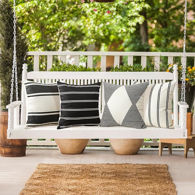 OTOSTAR Pack of 4 Outdoor Throw Pillow Covers 18x18 Inch Waterproof Modern Geometry Decorative Square Garden Cushion Cases/Shell for Couch Patio Furniture Tent Balcony (Black)