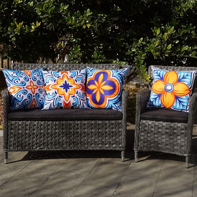 ONWAY Outdoor Pillow Covers Waterproof 20x20 Set of 4 Floral Boho Decorative Throw Cushion Cover Farmhouse Pillows for Bench, Couch, Patio Furniture