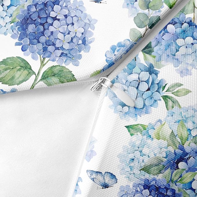 Throw Pillow Covers, Blue Hydrangea Floral, 18 x 18 Inch, Set of 2 | Waterproof outdoor square cushion case pillowcase for farmhouse garden couch beach patio decorative pillows