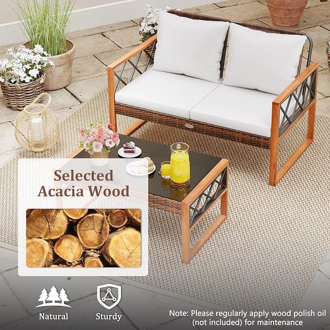 HAPPYGRILL 2 Pieces Patio Furniture Set, PE Rattan Loveseat and Coffee Table Set with Cushions & Tempered Glass Tabletop, Acacia Wood Outdoor Conversation Set for Balcony, Backyard & Poolside