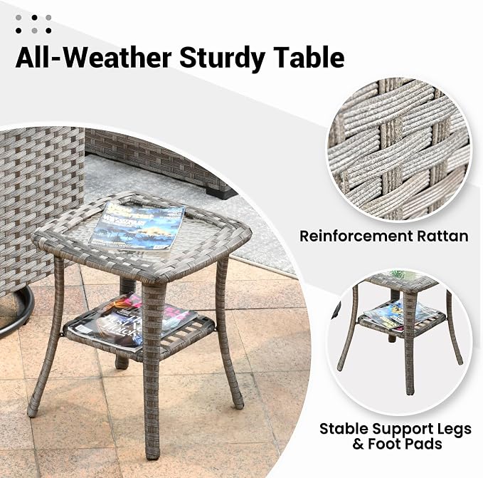 ovios Outdoor Side Table with Tempered Glass Top, Patio Wicker Rattan 2-Tier Storage Coffee End Tables for Porch Deck Balcony Garden Poolside (Light Grey-Small Size)