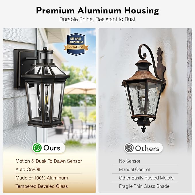 VIANIS Motion Sensor Outdoor Wall Lantern, Black Waterproof Dusk to Dawn LED Exterior Wall Sconce, Anti-Rust Aluminum Modern Outdoor Lights Fixtures Wall Mount for Porch, Entryway, Garage, Front Door