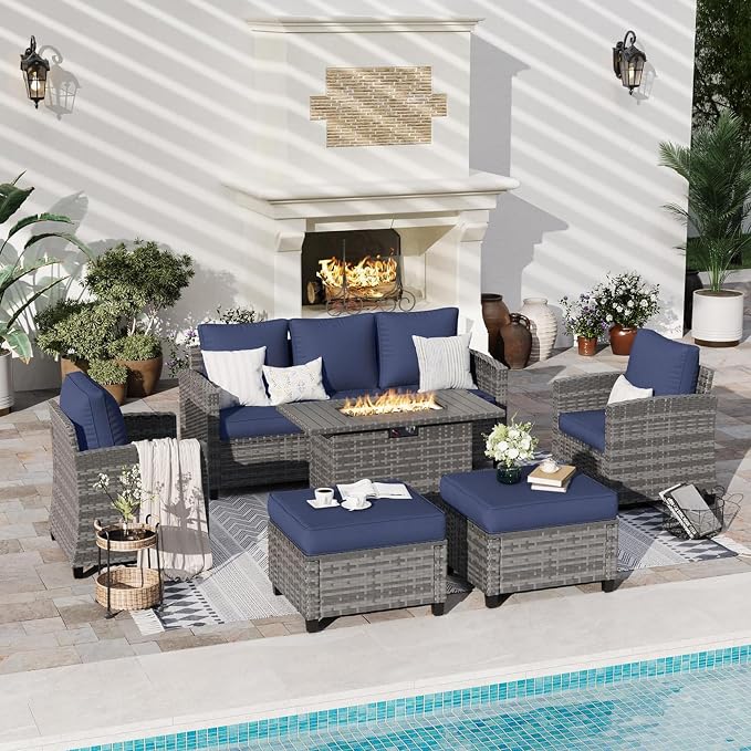 6 Pcs Patio Furniture Set with 44" Propane Gas Fire Pit Table, Rattan Outdoor Couch with Ottomans, 4" Thick Cushions for Backyard Garden Deck,Navy Blue
