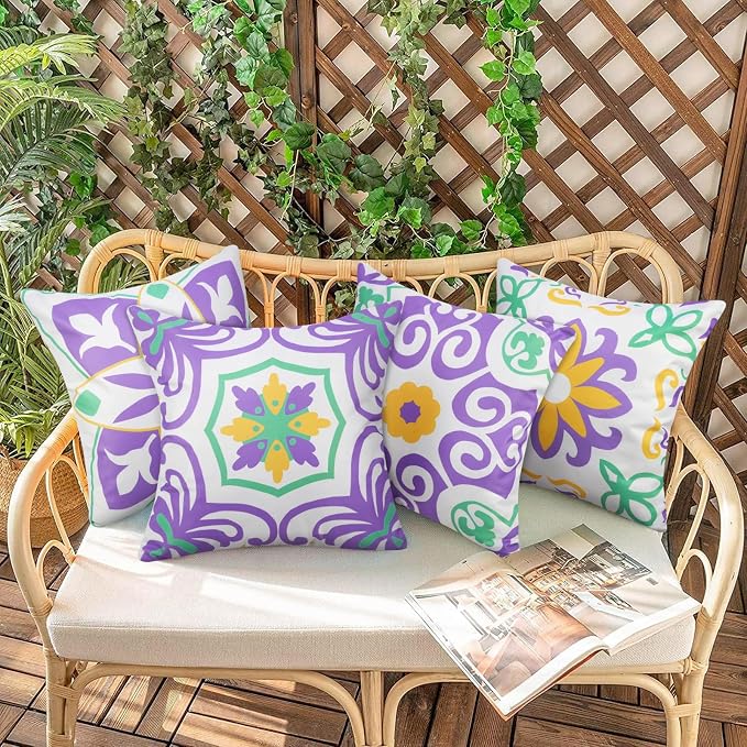 Pyonic Purple Outdoor Pillows Waterproof Throw Pillow Covers Set of 4 Floral Printed and Boho Farmhouse Outdoor Pillow Covers for Patio Funiture Garden 18x18 Inch