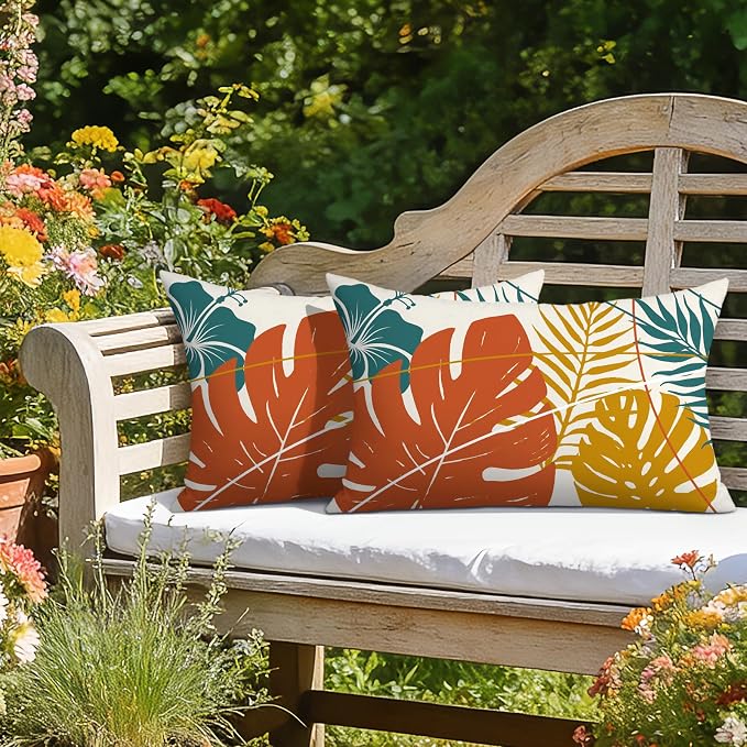OTOSTAR Outdoor Waterproof Throw Pillow Covers 16x24 Inch Set of 2 Double-Sided Orange Yellow Tropical Leaf and Flower Spring Summer Decorative Pillow Cases for Patio Funiture Garden Balcony Couch
