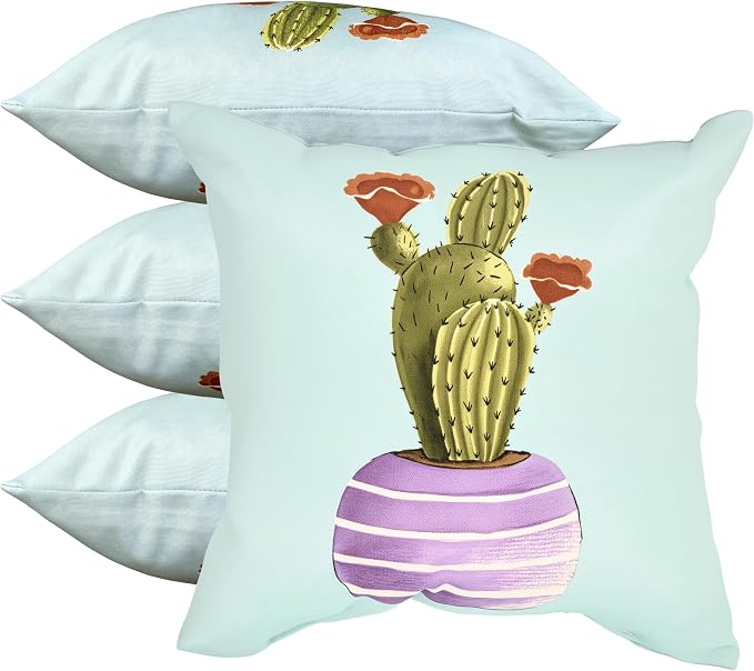18" Outdoor Throw Pillows Set of 4, Waterproof&Fade Resistant Patio Furniture Pillows with Built-in Inserts, All-in-One Light Blue Cactus Print Design for Sofa, Patio or Backyard Relaxation