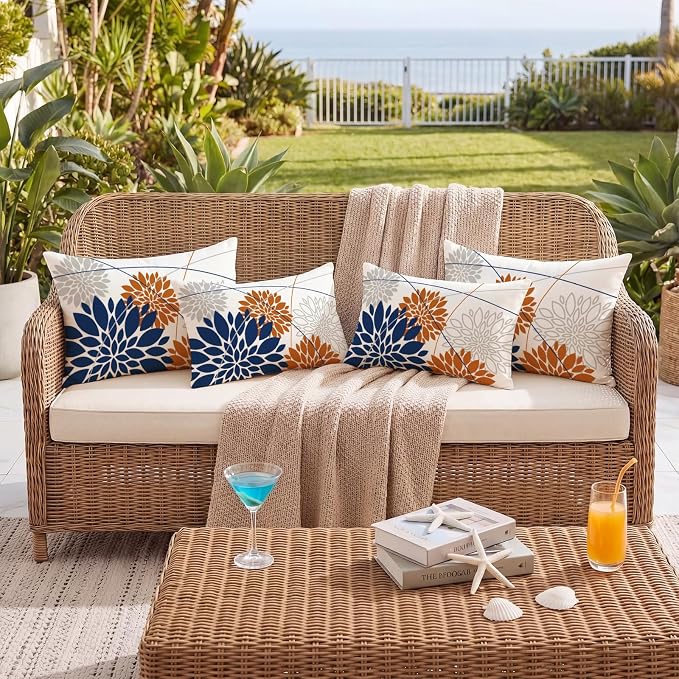 OTOSTAR Outdoor Dark Blue Orange Pillow Covers 12x20 Inch Set of 2 Beige Flower Throw Pillows Farmhouse Geometric Dahlia Floral Lumbar Cushion Case Waterproof Decor for Sofa Patio Funiture Garden