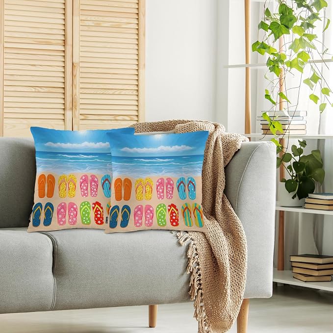 Swono Beach Sandals Decorative Throw Pillow Cushion Covers, Hawaii Beach Sea Flip Flops Cozy Pillowcase Home Decor, Double-Sided Pillow Covers for Bedroom Livingroom Office 18x18 Set of 2 Colorful