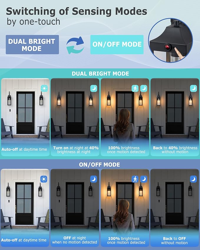 Motion Sensor Outdoor Lights Fixture Exterior Wall Sconce 2 Packs | 20” Large Size,3 Lighting Mode,Black, Waterproof Outside House Porch Lantern,E26 Socket