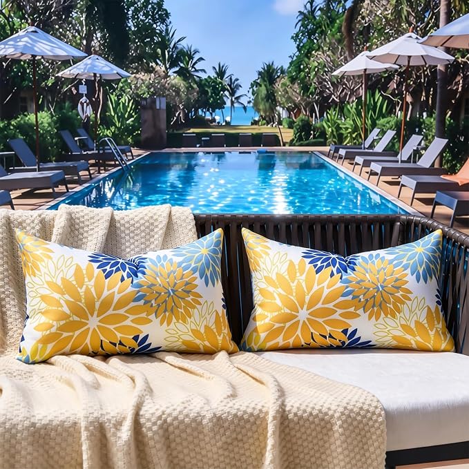 Set of 2 Yellow and Blue Dahlia Throw Pillow Covers 12x20 Inch Outdoor Pillows Waterproof Cushion Covers Decorative Spring Summer Pillowcases for Sofa Bedroom Patio Garden Farmhouse Decor