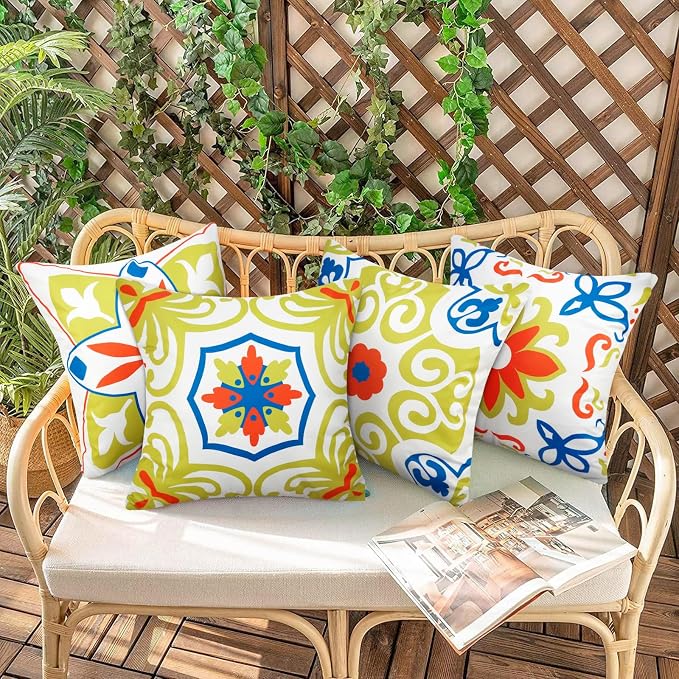Pyonic Outdoor Pillows Waterproof Throw Pillow Covers Set of 4 Floral Printed and Boho Farmhouse Outdoor Pillow Covers for Patio Funiture Garden 18x18 Inch
