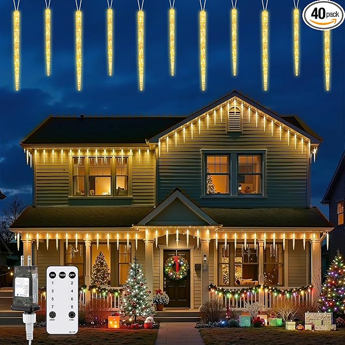 Brightown Icicle Lights for Outside, 2 Pack Total 40ft 40 Tubes 200 LED Ice Shape String Lights, Connectable Hanging Christmas Decoration Lights for Tree Patio Roof Holiday Decor, Warm White