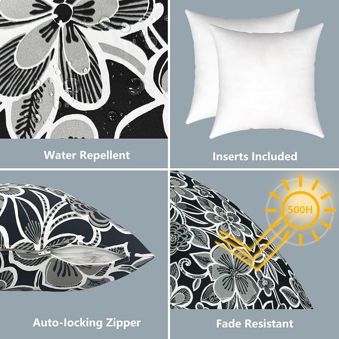 LVTXIII Outdoor/Indoor Throw Pillows, Decorative Throw Pillows with Inserts, 18"x18" Square Pillows for Bed, Couch, Sofa and Patio Furniture, Set of 2, Flower Black
