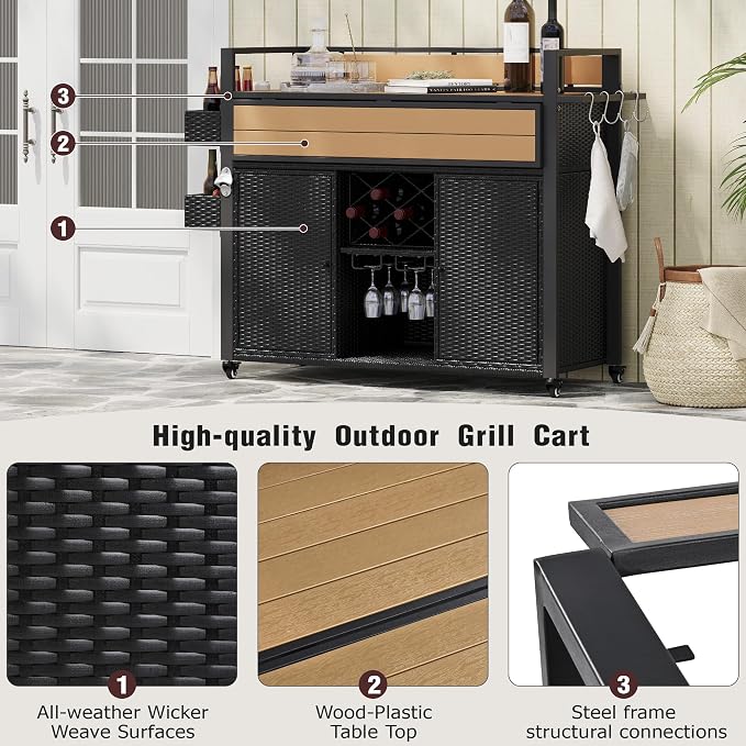 52.8" W Wicker Outdoor Bar Cart Table with Extended Plastic Wood Table Top, Outdoor Grill Cart with Large Storage Cabinet, for Patio Backyard Garden Poolside, Double Handle Design, Black