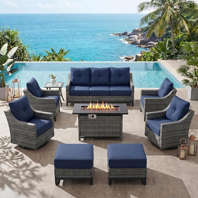 9 Piece Patio Furniture Set with 6" Thick Cushions, Weather-Resistant Wicker Swivel Rocker High Back Chairs and Fire Pit Table for Porch Yard Deck