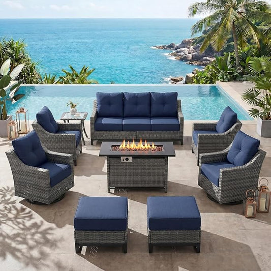 9 Piece Patio Furniture Set with 6" Thick Cushions, Weather-Resistant Wicker Swivel Rocker High Back Chairs and Fire Pit Table for Porch Yard Deck